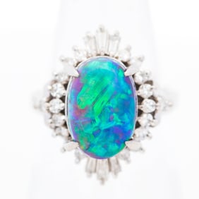 Platinum Retro Cocktail Ring 3.38ct Opal & 0.50ctw Natural Diamonds, Size 5