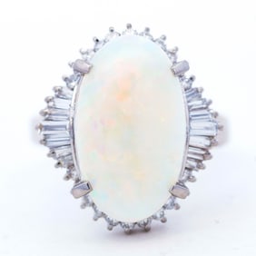 Platinum 5.78ct Opal & 0.75ctw Diamond Ring, Size 9.75