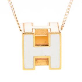 Hermes Enamel "H" Cube Motif Pendant on Gold-Tone Chain, 16"