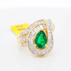 18KYG GIA Certified 1.50ct Zambian Emerald & 1.83ctw Diamond Ring, 7.5