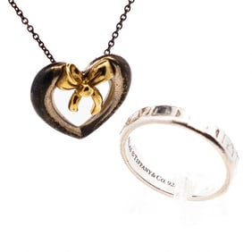 Tiffany & Co. 925 Atlas Ring & 18K/925 Heart Ribbon Necklace