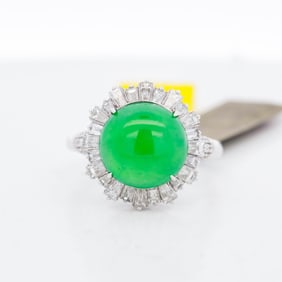 18KWG GIA Certified A-Grade Fei Cui 4.39ct Jade & Diamond Ring, 5.75