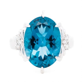 CGL Certified 18KWG 13ct Blue Topaz & 0.12ctw Diamond Cocktail Ring, Size 8.5