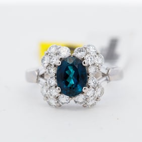Platinum 1.435ct GIA Cert. Greenish Blue Tourmaline & 1.35ctw Diamond Ring