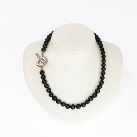 Tiffany & Co. Vintage Sterling Beaded Onyx Toggle Necklace w/Box 16"