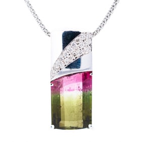 18KWG 7.56ct Bicolor Watermelon Tourmaline & Diamond Necklace 18"