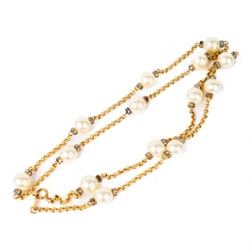 Vintage Chanel Pearl & Rhinestone Rondelle Necklace 34"