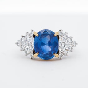 GIA Certified 18KYG/ Pt900 3.59ct Sri Lanka Sapphire & 1.46ctw Diamond Ring, 7