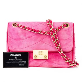 Chanel 22-Series Pushlock Flap Shoulder Bag with Auth. Card – Pink Suede & Leather with Gold