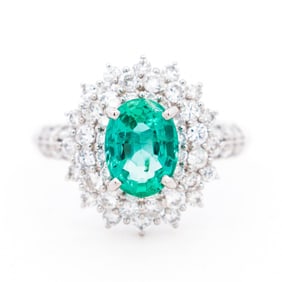 Pt950 GIA 1.32ct Zambian Emerald & 1.03ctw Natural Diamond Ring, 5.75