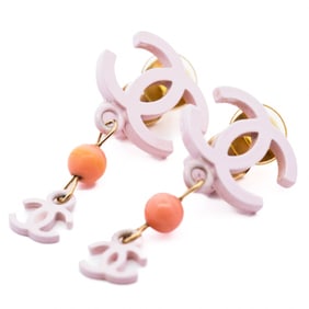 Chanel 2003 Spring Pastel Enamel, Coral Bead & CC Drop Earrings Y2K