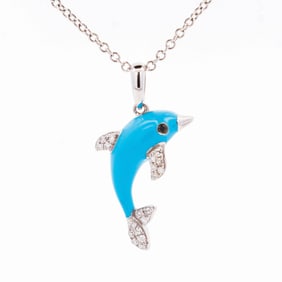 14KWG Effy Enamel Dolphin Pendant Necklace 18" w/ $1,949.00 Retail Tag