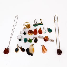 Estate Group Lot of Mid-Century Sterling Rings, Pendants, Etc. with Natural Stones, Jade, Agate,