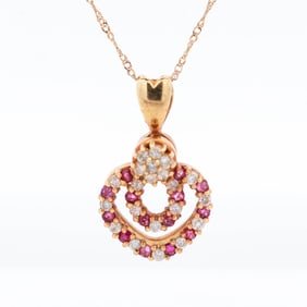 18KYG 1970s Romantic Revival Natural Ruby & Diamond Heart Necklace 18"
