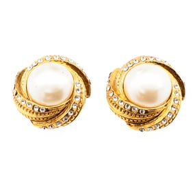 Chanel Gold?Tone, Costume Pearl & Rhinestone Swirl Earrings