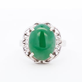 Pt900 Mid Century Jadeite & Diamond Foliate Cluster Ring, 6.25