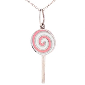 Rare Tiffany & Co. Enamel Pink Candy Lollipop Necklace in 925 Sterling Silver 16.5"