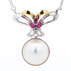 Sterling Silver & 18KYG 12.8mm Mabe Pearl & Ruby Necklace, 14.5"-16.5"