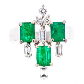 14KWG Retro Emerald & Diamond Cluster Ring, size 4.75