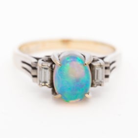 14KWG 1950s Crystal Opal & Natural Diamond Ring sz 5.25