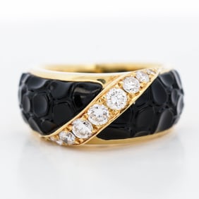 18KYG Diamond & Carved Black Onyx Bombe Ring, 5.5