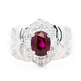 GIA Platinum Oval Brilliant 1.23ct Ruby & 0.27ct Natural Diamond Ring, Size 6