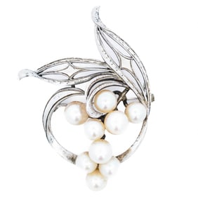 Mikimoto Sterling Silver & 5-5.6mm Pearl Leaf Brooch