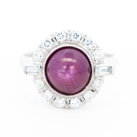 Platinum Estate 5.82ct Star Ruby & .50ct Natural Diamond Halo Ring, 7.75