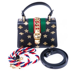 Gucci Sylvie 2-Way Top Handle Bag 470270 – Black Leather with Gold Bee & Star Embossing
