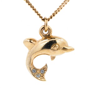 Gold Plated Dior Dolphin Motif Pendant Necklace Costume Jewelry Rare Design 15.5"/18"