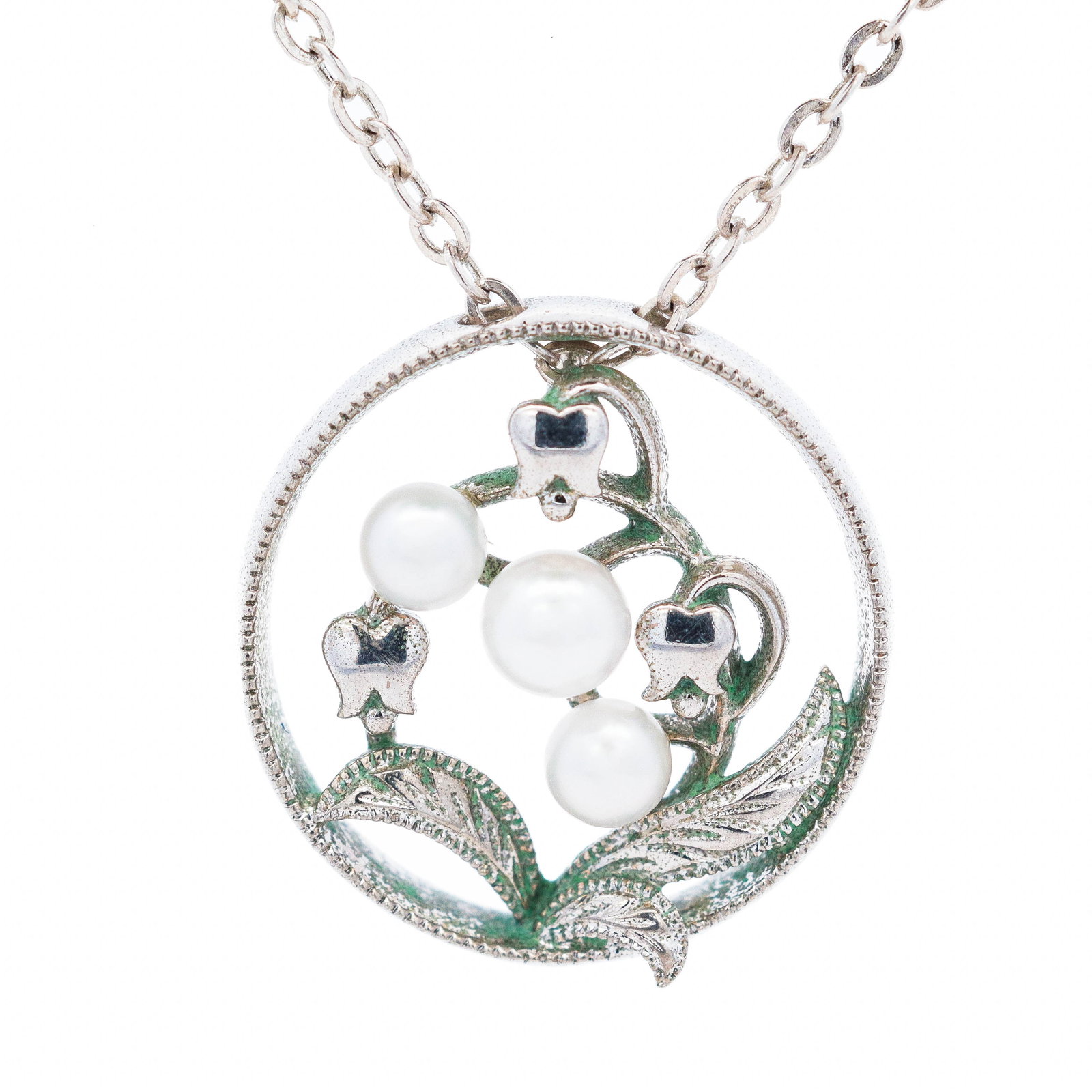 Mikimoto Sterling Silver & 3.0-3.6mm Pearl Bell Flower Necklace, 15.25"-17" (1 of 4)