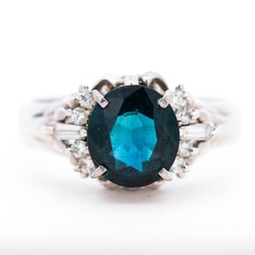Platinum 1.59ct Blue-Teal Sapphire & Diamond Ring, Size 6.25