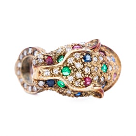 18KYG Panthere 0.76ctw Ruby, Sapphire, Emerald, 0.41ctw Diamond Ring, Size 6.5