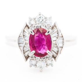 GIA Platinum Purplish Red 1.44ct Ruby & 0.62ct Diamond Ring, Size 7.5