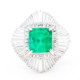 Incredible Platinum 3.77ct Emerald & 2.67ct Natural Diamond Ballerina Ring, Size 6