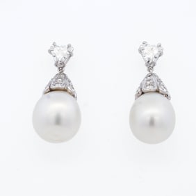 18KWG 13.8mm Pearl & 3.00ctw Lab Diamond Earrings