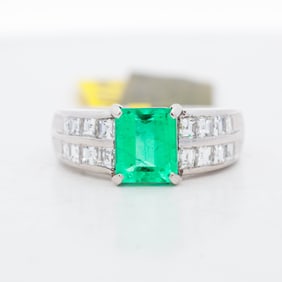 Platinum GIA Certified 1.49ct Colombian Emerald & 0.89ctw Diamond Ring, 6.25