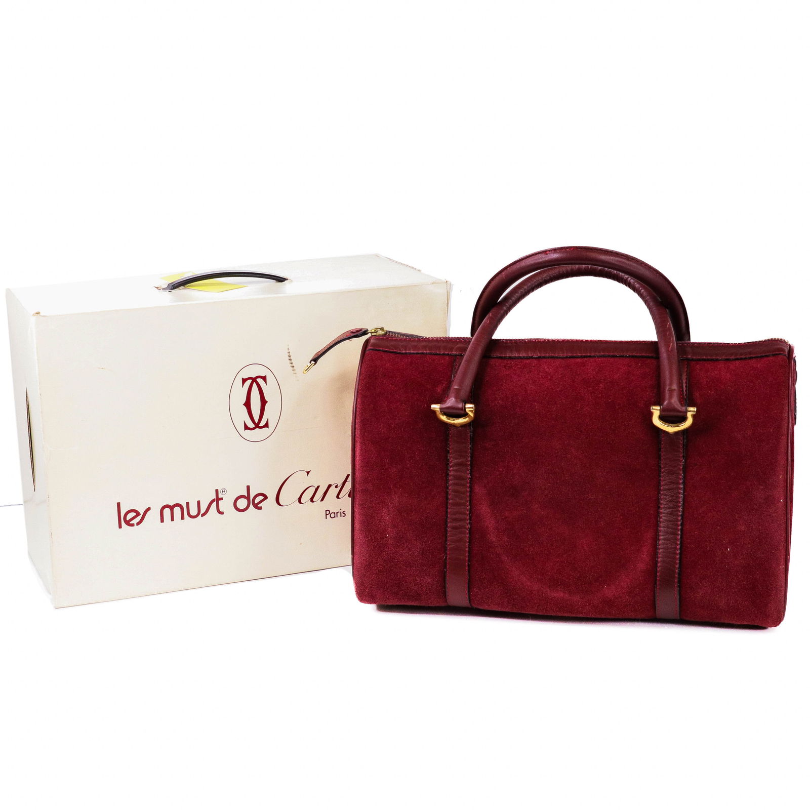 Vintage Cartier Bordeaux Suede Boston Bag 30 CM