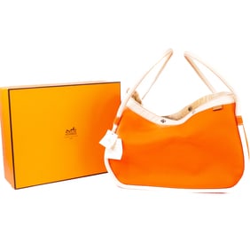 Hermes Lindy Beach Tote PM with Pouch & Box – Orange Canvas & Ivory Trim