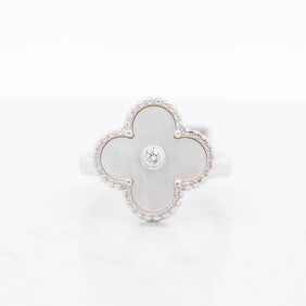 18KWG Van Cleef & Arpels 0.05ct Diamond Vintage Alhambra MOP Ring, 4.75