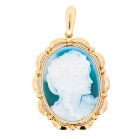 18KYG Blue Agate Stone Cameo Pendant – Classical Profile
