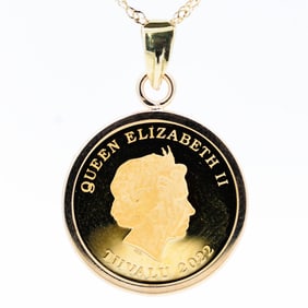 18K/24KYG Queen Elizabeth II 2022 1/25th Oz $3 Coin Necklace 18"