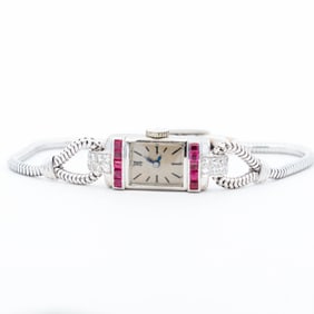 1920s Art Deco ladies Movado 14k Diamond and Ruby Watch