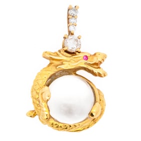 Dragon-and-Pearl Pendant, 18KYG with Cabochon Crystal, Ruby Eye & Diamonds