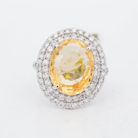Platinum 950 GIA Certified 10.26ct Sri Lanka No Heat Yellow Sapphire & 1.69ctw Diamond Ring, 6