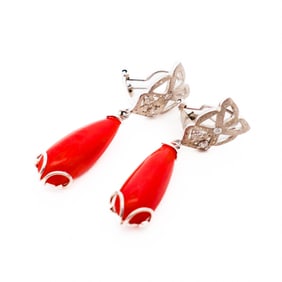 Mid-Century Red Coral & Diamond Drop Earrings, 14KWG & Pt900