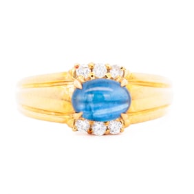 18KYG Cabochon 1.23ct Blue Sapphire & Diamond Half-Bezel Ring, 5.75