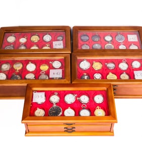 Massive Group of Approx. 150 Pocket Watches in Wooden Cases