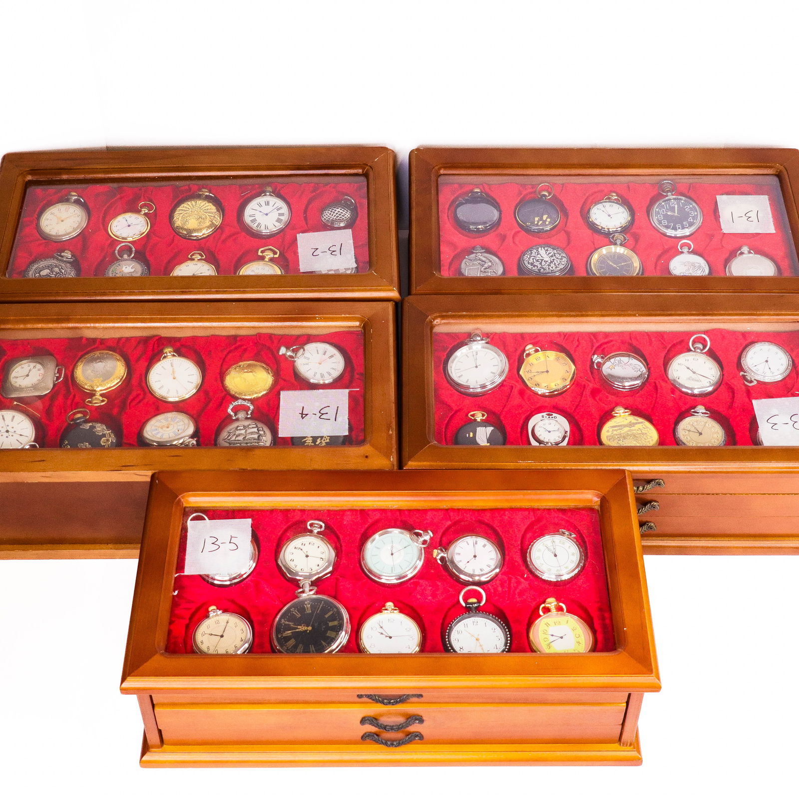 Massive Group of Approx. 150 Pocket Watches in Wooden Cases