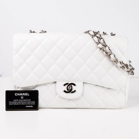 CHANEL Matelassé Caviar Skin White Flap Bag 30 with Box & COA